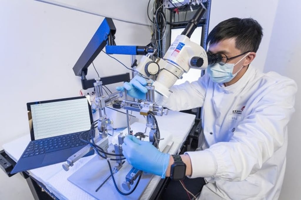 Regenerated axons elicit neural activities in target brain regions and restore visual functions after M1 treatment. The computer screen at the left side of the photo indicates such brain activities.