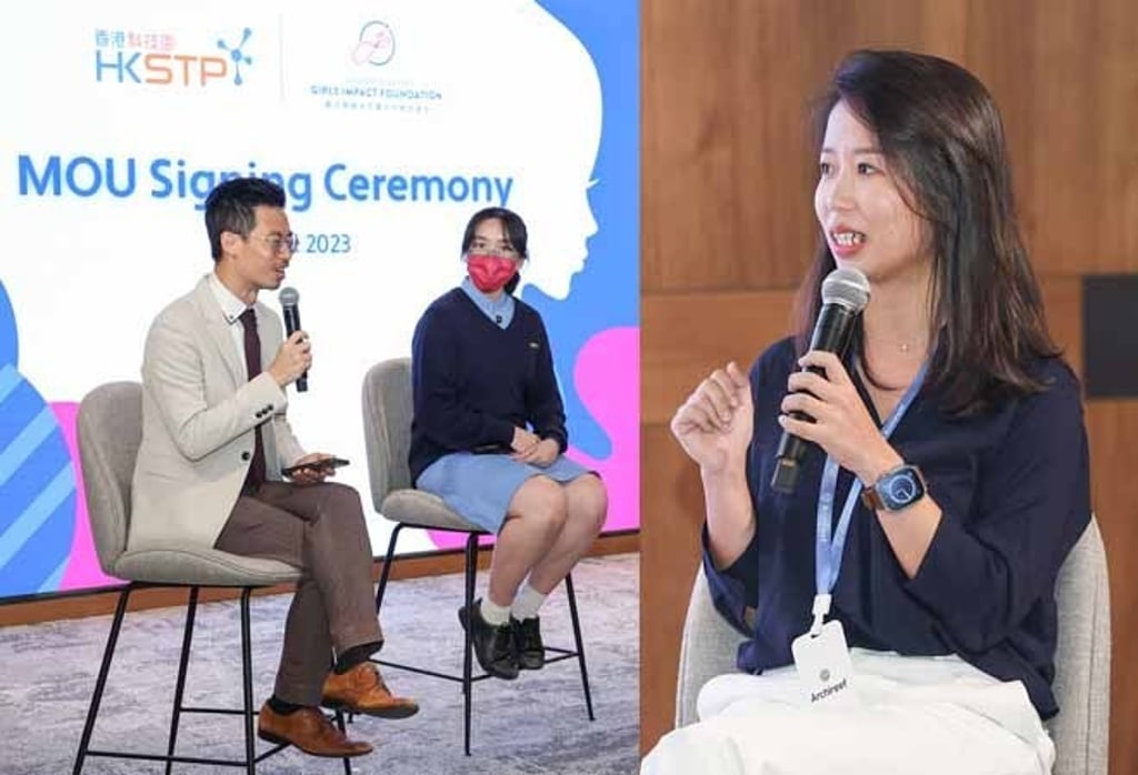 (Left) Mr Chu Ka Tim, Vice-principal of Hong Kong True Light College, and (Middle) Ms Chan Oi Yiu, student at Hong Kong True Light College, shared their experience of participating in programmes organised by JYCGIF and HKSTP. (Right) Ms Vriko Yu, Co-founder and CEO of Archireef, encouraged female students to be open-minded and pursue their dreams.