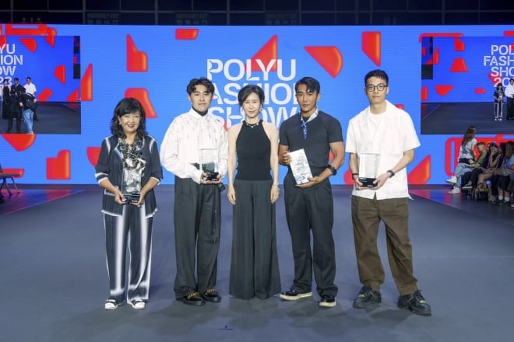 School Dean, Professor Erin Cho (middle) and the panel of judges comprising, (from left) Janet Cheung, Vice-chairman of Hong Kong Fashion Designers Association, and three alumni Derek Chan, Design Director and Co-founder of DEMO, Daniel Cheung, Fashion Director of Madame Figaro Hong Kong, and Wilson Yip, Founder of Wilsonkaki.
