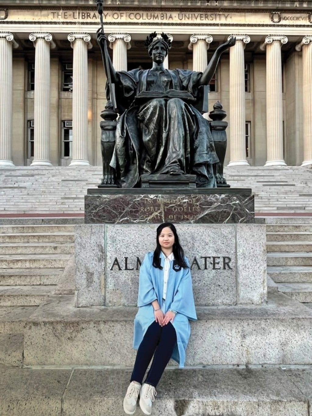 Chan photographed outside Columbia University’s iconic Low Library.