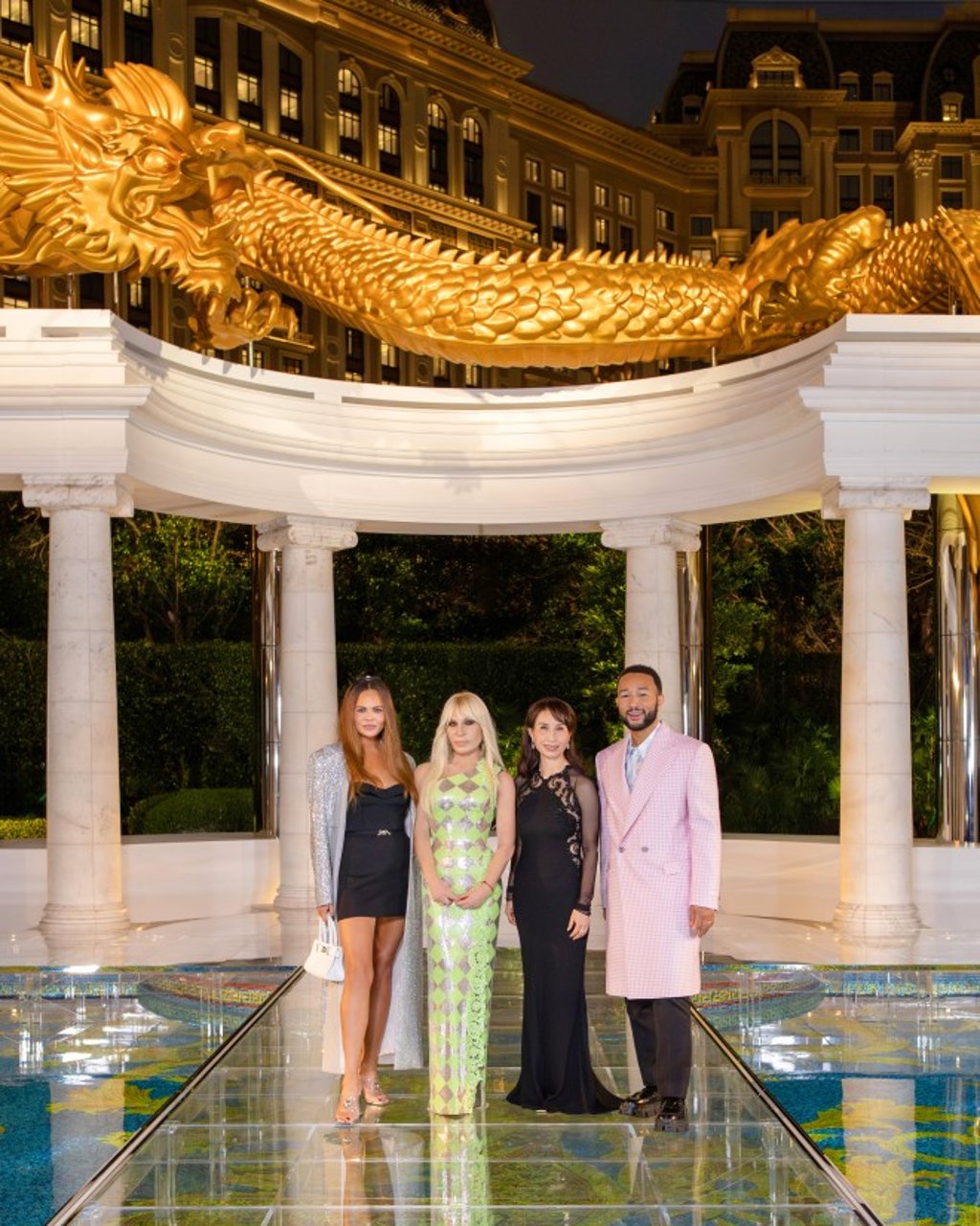 Donatella Versace (second from left) alongside Daisy Ho (second from right), with John Legend (right) and Chrissy Teigen (left), at the Palazzo Versace Macau Grand Opening.