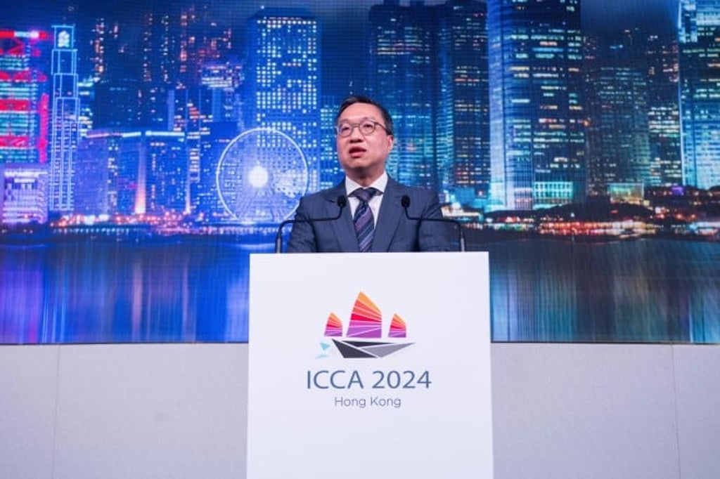 Paul Lam, Secretary for Justice, speaks at the opening ceremony, highlighting Hong Kong's unique legal system and its global role as a leading arbitration centre.