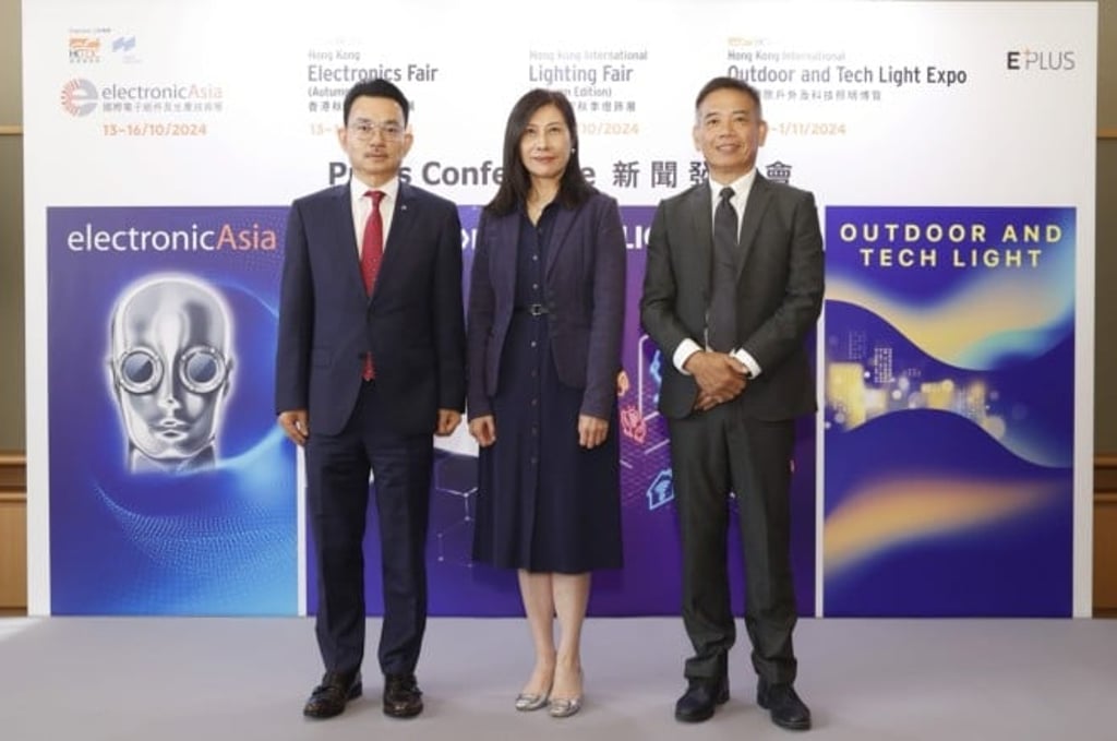 Jenny Koo, assistant executive director of the HKTDC (centre); Steve Chuang, chairman of the HKTDC Electronics/Electrical Appliances Industries Advisory Committee (left); Benny Lo, vice chairman of the Hong Kong Electronics & Technologies Association (right), announce details of the Hong Kong Electronics Fair (Autumn Edition), electronicAsia, the Hong Kong International Lighting Fair (Autumn Edition), and the Hong Kong International Outdoor and Tech Light Expo at the press conference. Jenny Koo, assistant executive director of the HKTDC (centre); Steve Chuang, chairman of the HKTDC Electronics/Electrical Appliances Industries Advisory Committee (left); Benny Lo, vice chairman of the Hong Kong Electronics & Technologies Association (right), announce details of the Hong Kong Electronics Fair (Autumn Edition), electronicAsia, the Hong Kong International Lighting Fair (Autumn Edition), and the Hong Kong International Outdoor and Tech Light Expo at the press conference.