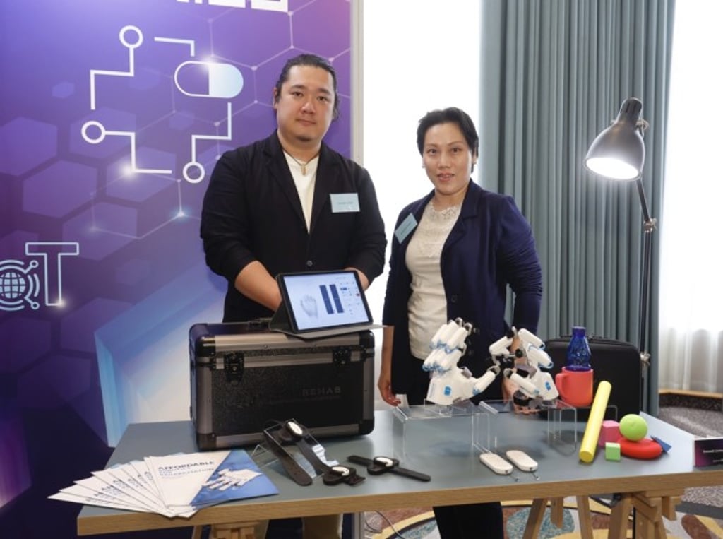 The hand rehabilitation robot from Zunosaki Limited helps stroke patients train their hand movement. The robots from Electronics Fair exhibitor Tobot Solution Limited provide reception and delivery services. The hand rehabilitation robot from Zunosaki Limited helps stroke patients train their hand movement. The robots from Electronics Fair exhibitor Tobot Solution Limited provide reception and delivery services.