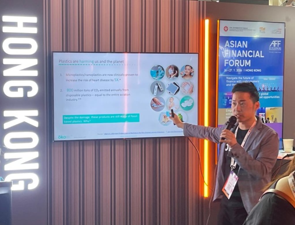 Eddie Yu, CEO of OKOsix Limited, explains the environmental impact of traditional plastics and showcases his firm’s biodegradable pellet solutions at the Hong Kong Tech Pavilion in VivaTech 2025.