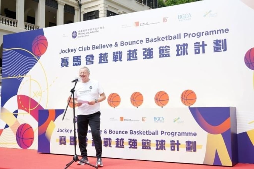 Club Chief Executive Officer Winfried Engelbrecht-Bresges delivers a speech at the Jockey Club Believe & Bounce Basketball Programme kick-off ceremony.