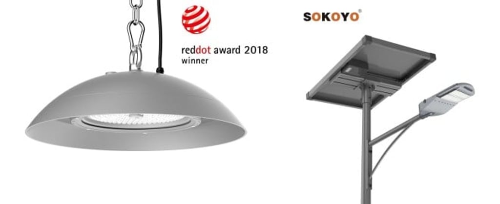 (Left) The Red Dot Award-winning HiClean Plus LED High Bay Light from AGC Lighting (8-E14) features a sleek, dust-proof unibody design and low-glare performance. (Right) Jiangsu Sokoyo Solar Lighting’s MEDY Split-Style Street Light employs bat-wing optics (150°×75°) to deliver uniform, glare-free illumination across wide areas.