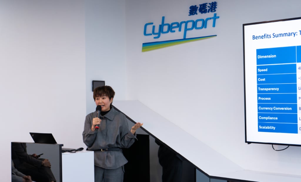 Ms. Beatrice Tai, Co-founder and COO of PCG introduces PCG’s stablecoin settlement pilot program during the Cyberport’s BCDA Group Interview