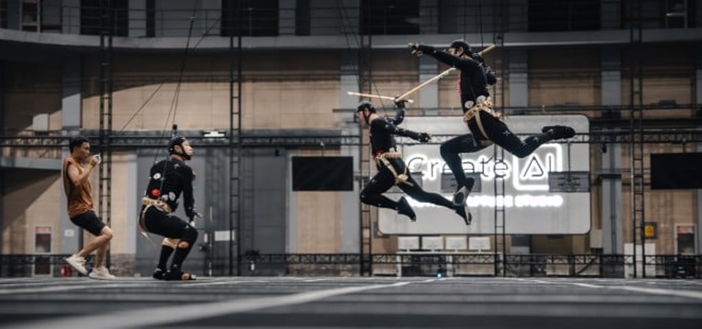 Actors in mocap suits perform inside the 2,000-square metre space, supplying high-precision movement data for game, film and animation projects that require realistic character motion.
