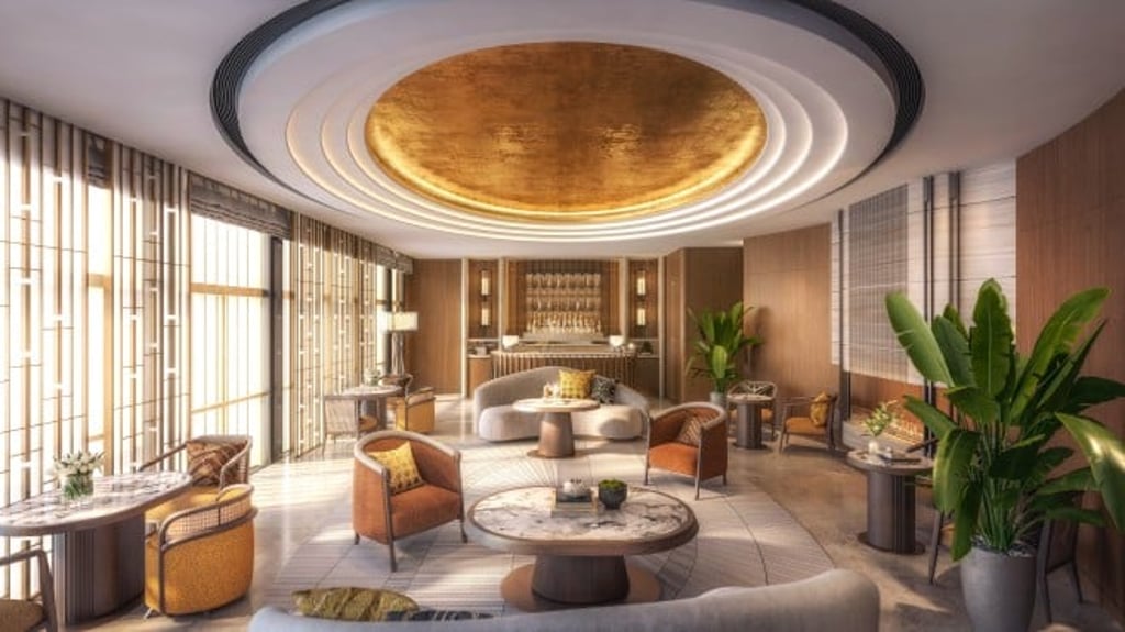 The residents’ clubhouse, Club Central, designed by André Fu Studio, uses controlled lighting, tactile materials and Japanese craft references to create shared spaces intended for everyday use.