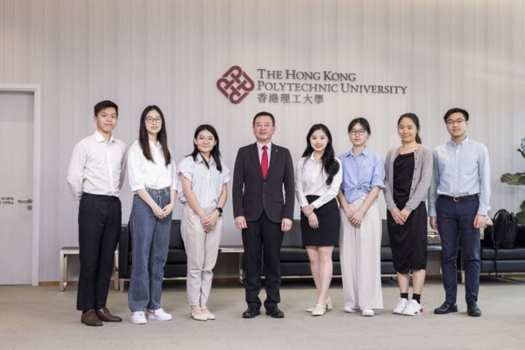 The Hong Kong Polytechnic University’s work in internationalising its learning environment is well in progress. From left, Jacky Law, Liu Ying Wei, Angel Carrollyne, Professor Ben Young, Vice President (Student and Global Affairs), Rachel Yu, Huang Bairong, Galie Lo, and Paco Tsoi.
