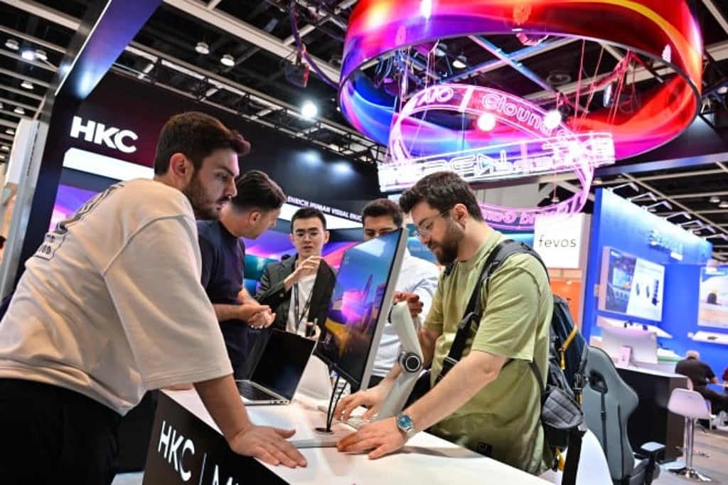 Buyers and exhibitors meet at Hong Kong Electronics Fair (Spring Edition) in 2025, where companies use Hong Kong’s trade fairs to pitch new technology products and seek overseas opportunities.