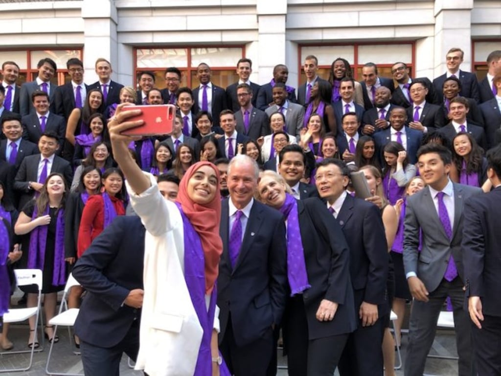 Stephen A. Schwarzman with the third cohort of Schwarzman Scholars at Tsinghua University in Beijing