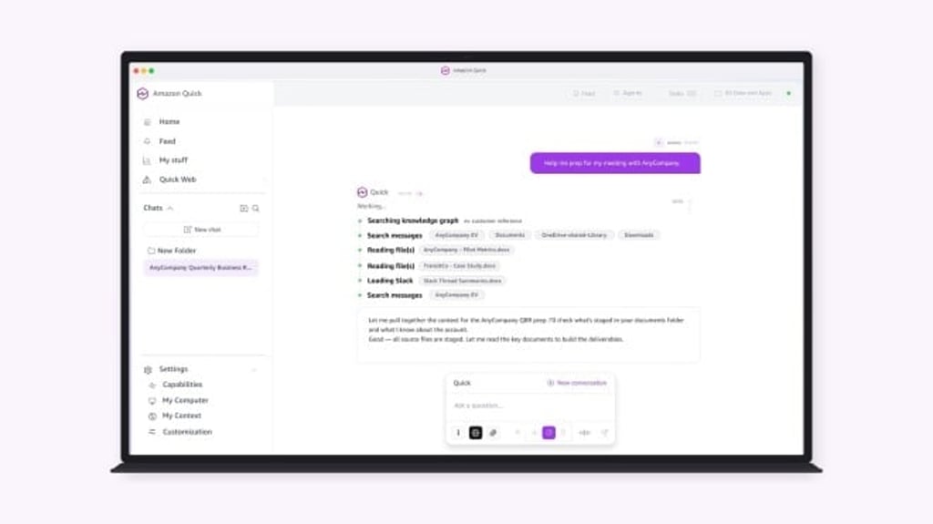 Amazon Quick brings a personal AI assistant to your desktop. Build presentations, intelligent dashboards, and more. Connect to more of your favorite apps. All in one place.