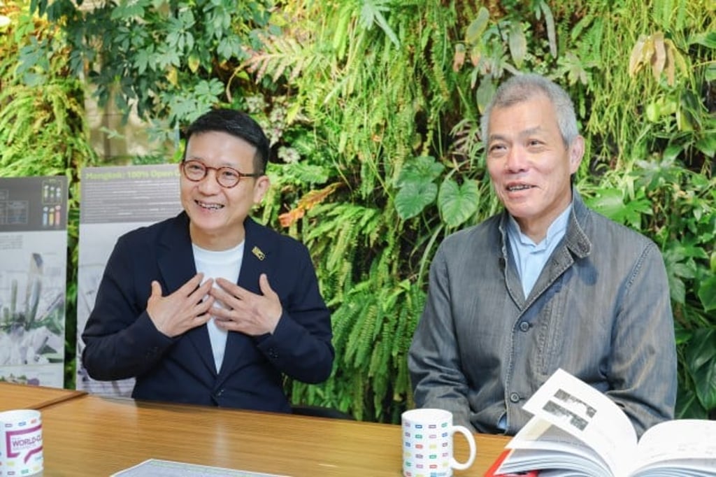Ar. M K Leung (left), Director of Sustainable Design, RLP Asia and Professor Edward Ng (right), during the interview on their award-winning “Mong Kok: 100% Open City Vision” proposal.