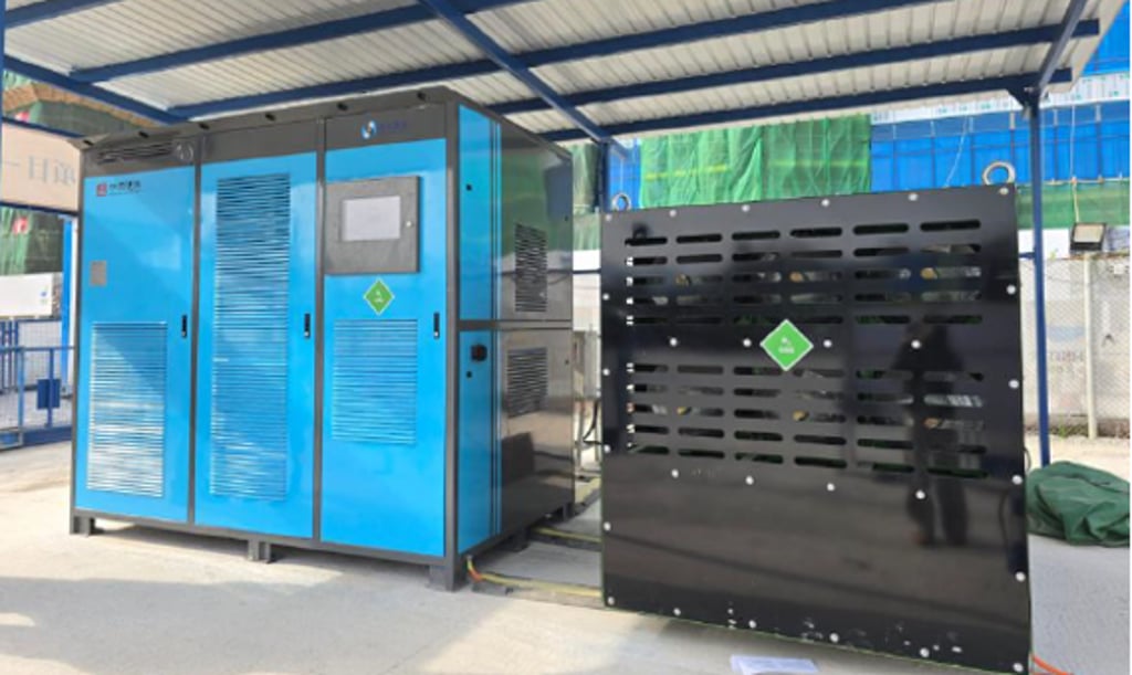 A hydrogen genset deployed on a construction site to provide clean power.