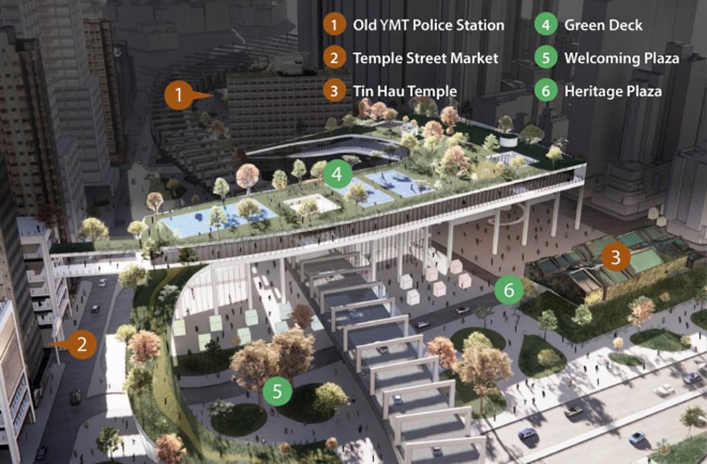 The multi-level green deck, featuring landscaped terraces, playgrounds and public spaces, links nearby destinations via open areas.