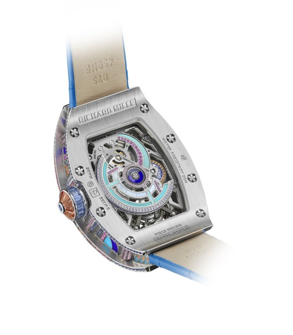 The new skeletonised CRMT2 calibre with gem-set white-gold baseplate and bridges for full visual continuity.