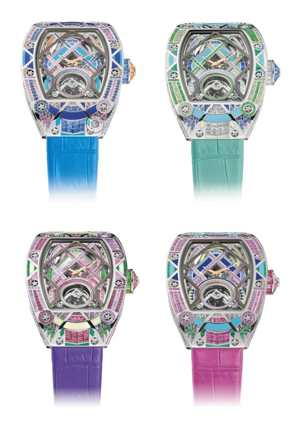 The RM HJ-02’s Blue Ballet, Green Gambit, Violet Variations and Pink Pursuit. Each is a unique piece composed of 1,399 precious and ornamental stones.