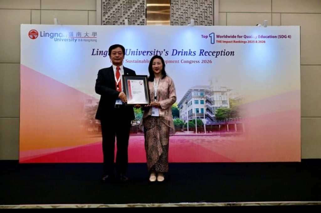 Lingnan University’s overall ranking in the THE Sustainability Impact Ratings surged from the 101st - 200th band last year to 63rd place globally—breaking into the top 100 for the first time. From left: Prof S. Joe Qin, President and Wai Kee Kau Chair Professor of Data Science of Lingnan University, Ms Lim Mei-mei, THE President for APAC region. Lingnan University’s overall ranking in the THE Sustainability Impact Ratings surged from the 101st - 200th band last year to 63rd place globally—breaking into the top 100 for the first time. From left: Prof S. Joe Qin, President and Wai Kee Kau Chair Professor of Data Science of Lingnan University, Ms Lim Mei-mei, THE President for APAC region.