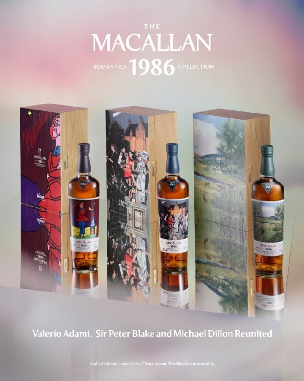 The Macallan Romantica Collection: 258 bottles (86 bottles of each artist editions) from a 1986 single sherry seasoned European oak cask, presented as three artist editions. The Macallan Romantica Collection: 258 bottles (86 bottles of each artist editions) from a 1986 single sherry seasoned European oak cask, presented as three artist editions.