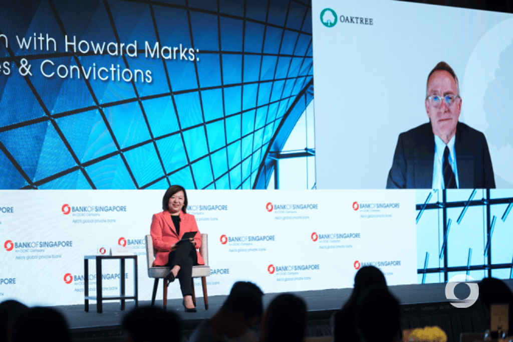 Howard Marks, Co-Chairman of Oaktree Capital Management, in conversation with Jean Chia, Global Chief Investment Officer at Bank of Singapore, at the Bank of Singapore's CIO Summit in Hong Kong.
