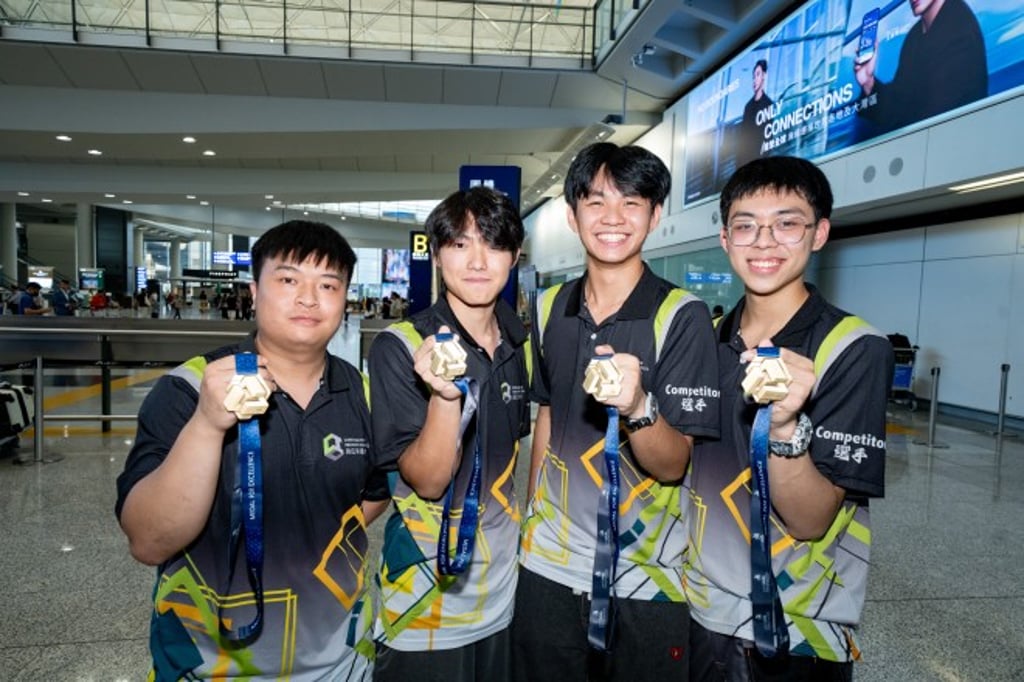 From left: Tse Yu-lok (welding), Wan Tsz-ho and Huang To-kong (concrete construction), and Law Chak-sum (painting and decorating) with the three Medallions for Excellence won at WorldSkills Shanghai 2026. From left: Tse Yu-lok (welding), Wan Tsz-ho and Huang To-kong (concrete construction), and Law Chak-sum (painting and decorating) with the three Medallions for Excellence won at WorldSkills Shanghai 2026.