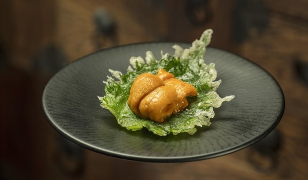 Shiso tempura with Hokkaido sea urchin. Shiso tempura with Hokkaido sea urchin.