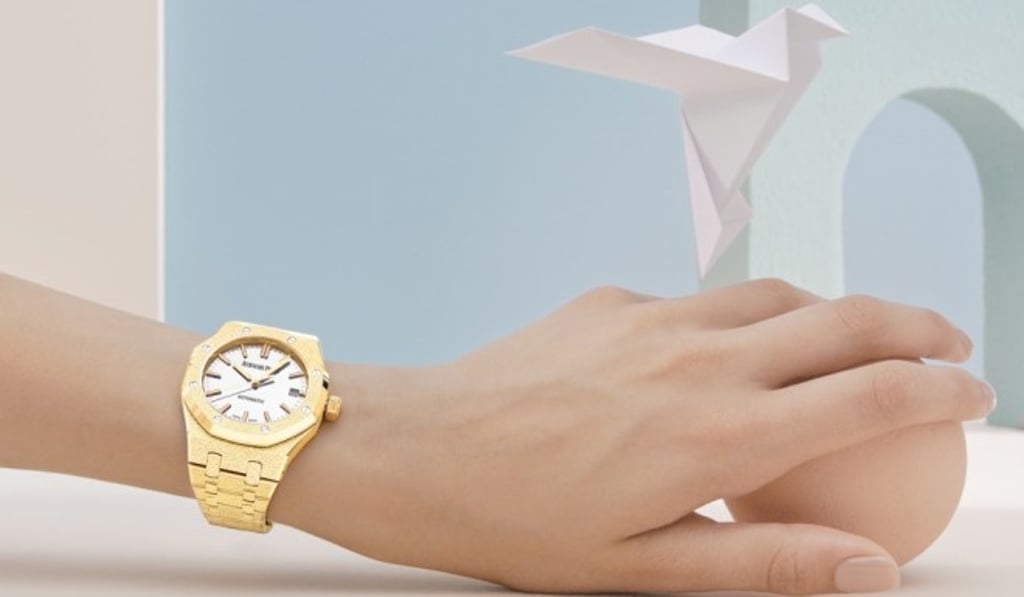 The Audemars Piguet Royal Oak Frosted Gold Carolina Bucci Limited Edition with the “diamond-dust” effect of the signature Florentine finish.