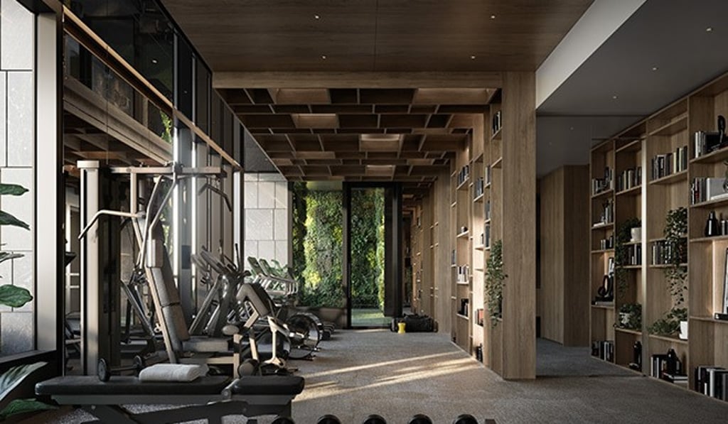 A unique library-gym concept at the EIGHT STAR STREET clubhouse balances body and mind. (Computer rendering of gymnasium)