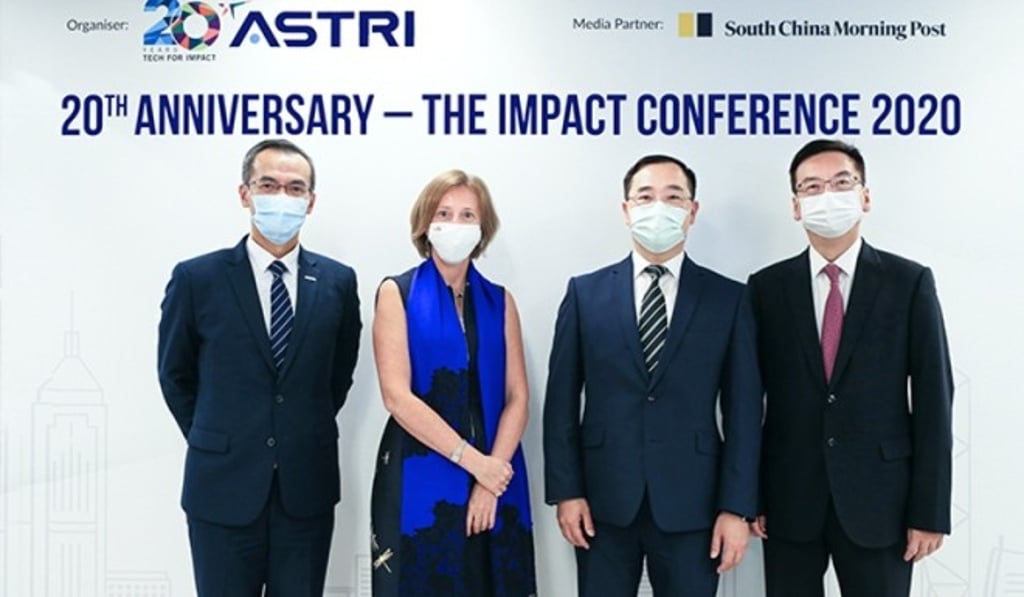 ASTRI’s IMPACT Conference 2020 featured six panel discussions throughout the day, the first of which featured: Mr Raymond Cheng, Former Group General Manager & Chief Operating Officer, Asia Pacific, HSBC (right); Ms Bénédicte Nolens, Head, BIS Innovation Hub Centre, Hong Kong Centre; and Mr Colin Pou, Executive Director (Financial Infrastructure), Hong Kong Monetary Authority (second right). It was moderated by ASTRI CEO Mr Hugh Chow. ASTRI’s IMPACT Conference 2020 featured six panel discussions throughout the day, the first of which featured: Mr Raymond Cheng, Former Group General Manager & Chief Operating Officer, Asia Pacific, HSBC (right); Ms Bénédicte Nolens, Head, BIS Innovation Hub Centre, Hong Kong Centre; and Mr Colin Pou, Executive Director (Financial Infrastructure), Hong Kong Monetary Authority (second right). It was moderated by ASTRI CEO Mr Hugh Chow.