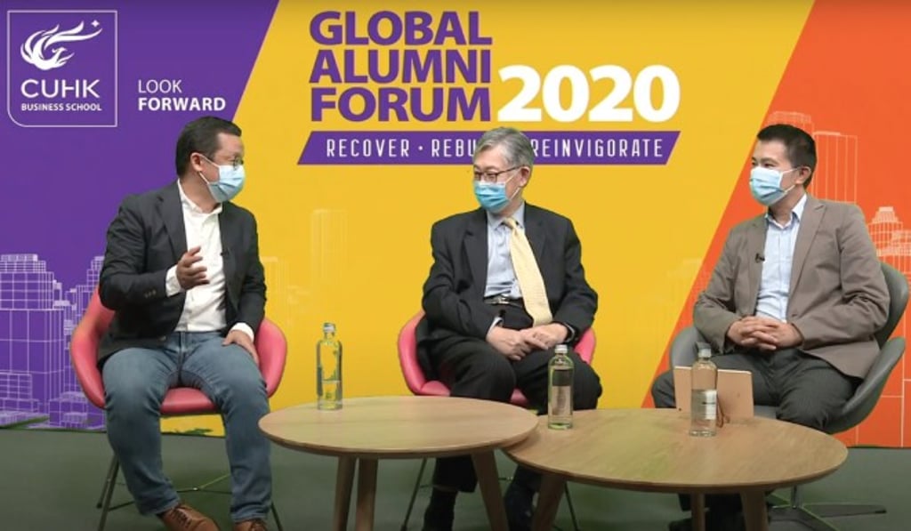 (From left) Guest speakers Mr. Ricky Wong, Vice Chairman and Group CEO of Hong Kong Television Network Limited; Mr. Shih Wing-ching, Founder and Chairman of Centaline Group; and moderator Dr. Dominic Chan, Associate Professor of Practice in Entrepreneurship at CUHK