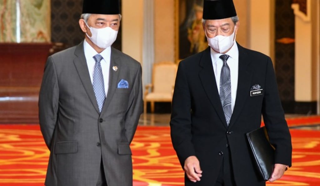 Malaysia‘s King Sultan Abdullah Sultan Ahmad Shah, left, meets Prime Minister Muhyiddin Yassin at the National Palace. Photo: Handout / AFP Malaysia‘s King Sultan Abdullah Sultan Ahmad Shah, left, meets Prime Minister Muhyiddin Yassin at the National Palace. Photo: Handout / AFP