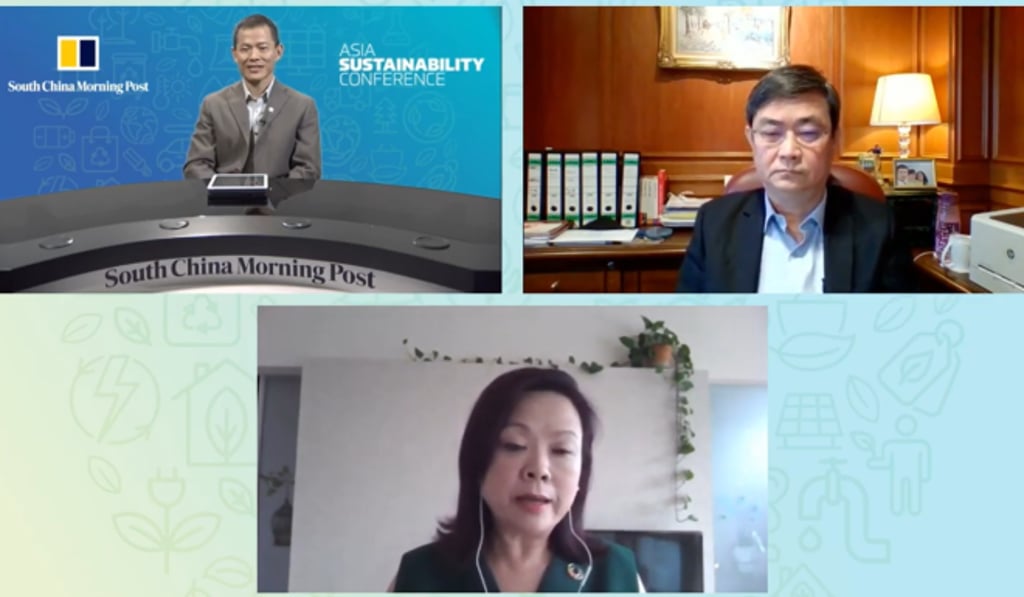 (Top left to bottom) [Moderator] Eric Ng, Correspondent at South China Morning Post, Ong Pang Yen, Executive Director of the Sunway Group, and Esther An, Chief Sustainability Officer at City Developments Limited discusses on the adoption of ESG practices into the corporate world and challenges faced during the process.