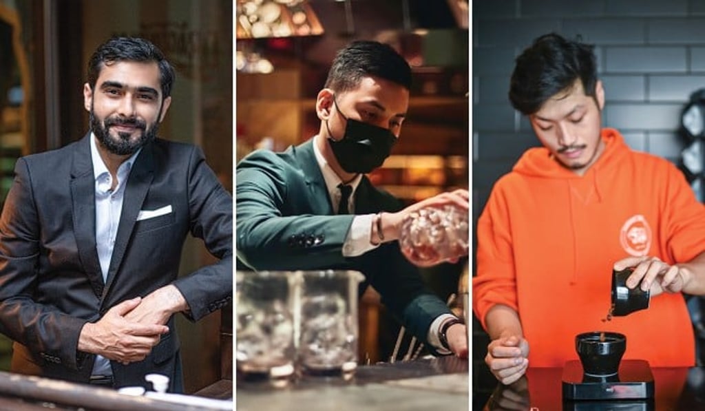 From left to right: Navneet Kumar is S&S Hospitality’s group beverage manager; Kyle & Bain’s assistant bar manager, Jake Mendoza; Anson Wong, star coffee roaster at Elephant Grounds. From left to right: Navneet Kumar is S&S Hospitality’s group beverage manager; Kyle & Bain’s assistant bar manager, Jake Mendoza; Anson Wong, star coffee roaster at Elephant Grounds.