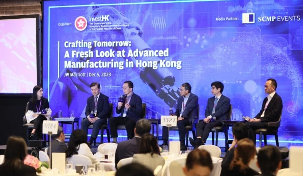 (From left) Production Editor, Technology, South China Morning Post, Karen Chiu; Co-Chairman, Hong Kong Aerospace Technology Group, Dr George Lam; General Manager & Head of Group ESG Initiatives, Gold Peak Technology Group, Dr Edmund Lee; Deputy Head and Vice President of Enabling Technology, ASMPT Hong Kong Technology, Peter Ng; Co-founder & COO, Time Medical Ltd, Simon Yeung; and Vice President Corporate Finance and Investments, XPeng, Charles Zhang.