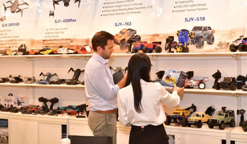 A buyer explores the latest collection of drones and remote-control vehicles at the HKTDC Hong Kong Toys & Games Fair.