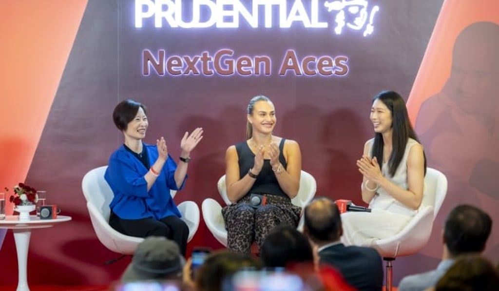 In order from left to right: Angel Ng (Prudential Regional CEO, Greater China), Aryna Sabalenka (WTA World No. 1 Tennis Player in Women’s Singles), Vivian Kong (Hong Kong Olympic Gold Medalist in Fencing)