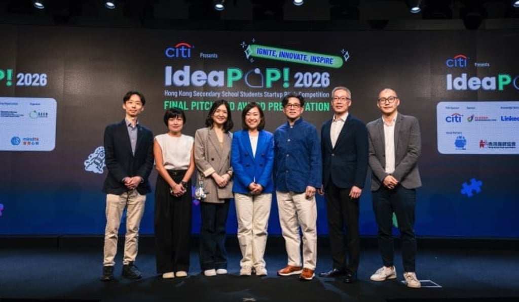 IdeaPOP! 2026 Judge Panel — From left to right: Prof. Hayden So (Director, School of Innovation, The University of Hong Kong), Ms. Grace Wong (Chief Impact & Communications Officer, Alibaba Entrepreneurs Fund), Ms. Freda Ng (Managing Director, PARKnSHOP (HK) Limited), Ms. Vicky Kong (Head of Wealth, Asia North and Australia, Citi), Mr. Ernest Leung (President and Group Chief Operating Officer, WeLab), Mr. Danny Lee (Chairman of the Board, SEED Foundation, and Managing Partner, VCA Capital), and Mr. Clifford Chow (Vice President, Lee Hysan Foundation). IdeaPOP! 2026 Judge Panel — From left to right: Prof. Hayden So (Director, School of Innovation, The University of Hong Kong), Ms. Grace Wong (Chief Impact & Communications Officer, Alibaba Entrepreneurs Fund), Ms. Freda Ng (Managing Director, PARKnSHOP (HK) Limited), Ms. Vicky Kong (Head of Wealth, Asia North and Australia, Citi), Mr. Ernest Leung (President and Group Chief Operating Officer, WeLab), Mr. Danny Lee (Chairman of the Board, SEED Foundation, and Managing Partner, VCA Capital), and Mr. Clifford Chow (Vice President, Lee Hysan Foundation).