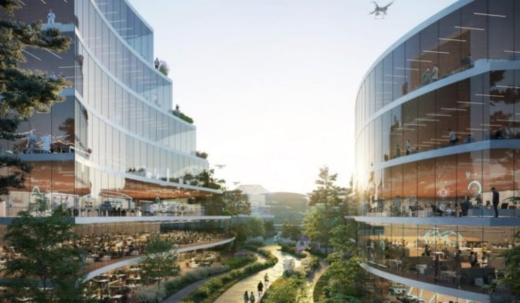 A digital rendering of the sleek modern buildings that will feature in the Educational Park. Photo: OMA