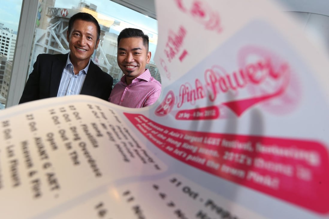 James Wang of Barclays (left) and Pink Season organiser Tay Her Lim at Cheung Kong Center, Central. Photo: Sam Tsang