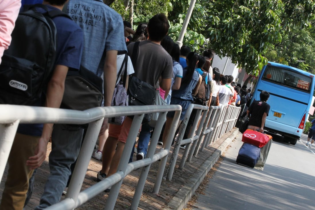 Students making their way to Chinese University queue for a shuttle bus near the University MTR station during a hectic first day of the academic year yesterday. Photo: Nora Tam