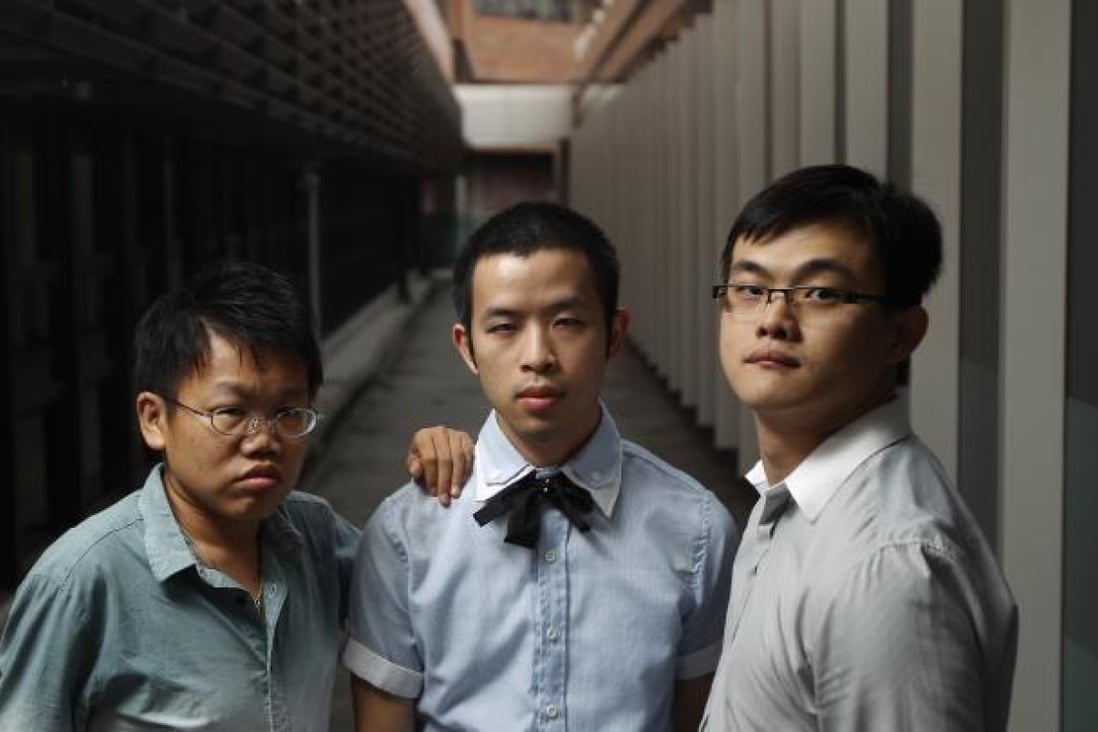 (L to R) College graduates Andy Chiu Ho-lam, Kenon Kwong Chung-on and Kevin Ng Chun-chi having difficulties on finding jobs because they are disables. Pictured at Poly University in Hung Hom on Oct, 2, 2011.Photo: Sam Tsang  