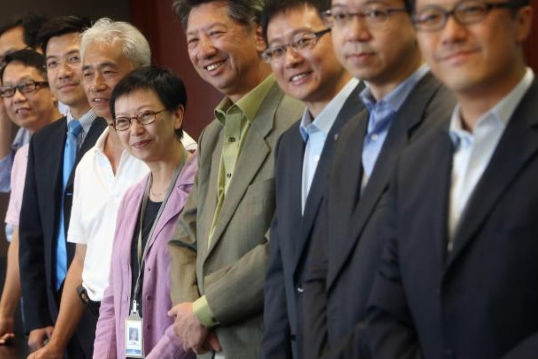 From left: Peter Cheung Kwok-che, Gary Fan Kwok-wai, Leung Yiu-chung, Cyd Ho, Ronny Tong Ka-wah, Kenneth Chan Ka-lok, Charles Mok and Kenneth Leung Kai-cheong yesterday. Photo: Sam Tsang