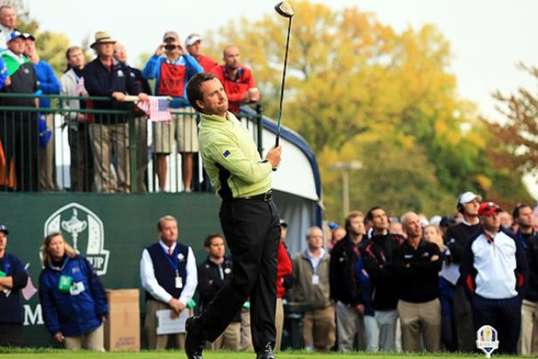 Graeme McDowell of Europe hits the first shot of the 39th Ryder Cup in Medinah. Photo: AFP
