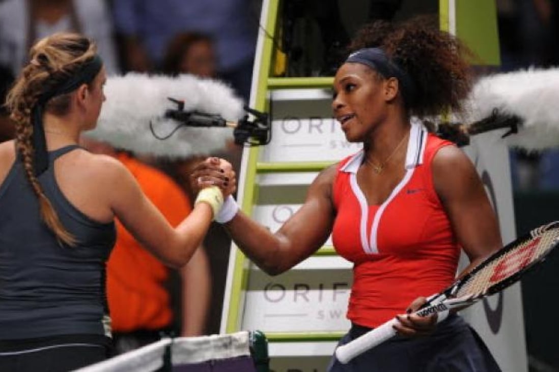 Serena Williams of the US, (right) and Victoria Azarenka of Belarus after their match on the third day of the WTA championship in Istanbul, Turkey, on Thursday. Photo: AFP