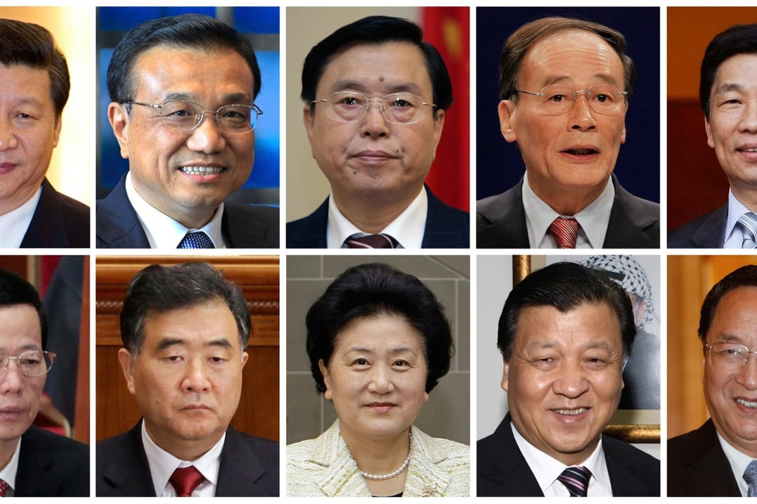 Top row from left to right: Xi Jinping, Li Keqiang, Zhang Dejiang, Wang Qishan, Li Yuanchao; bottom row left to right: Zhang Gaoli, Wang Yang, Liu Yandong, Liu Yunshan, Yu Zhengsheng. Photo: Reuters