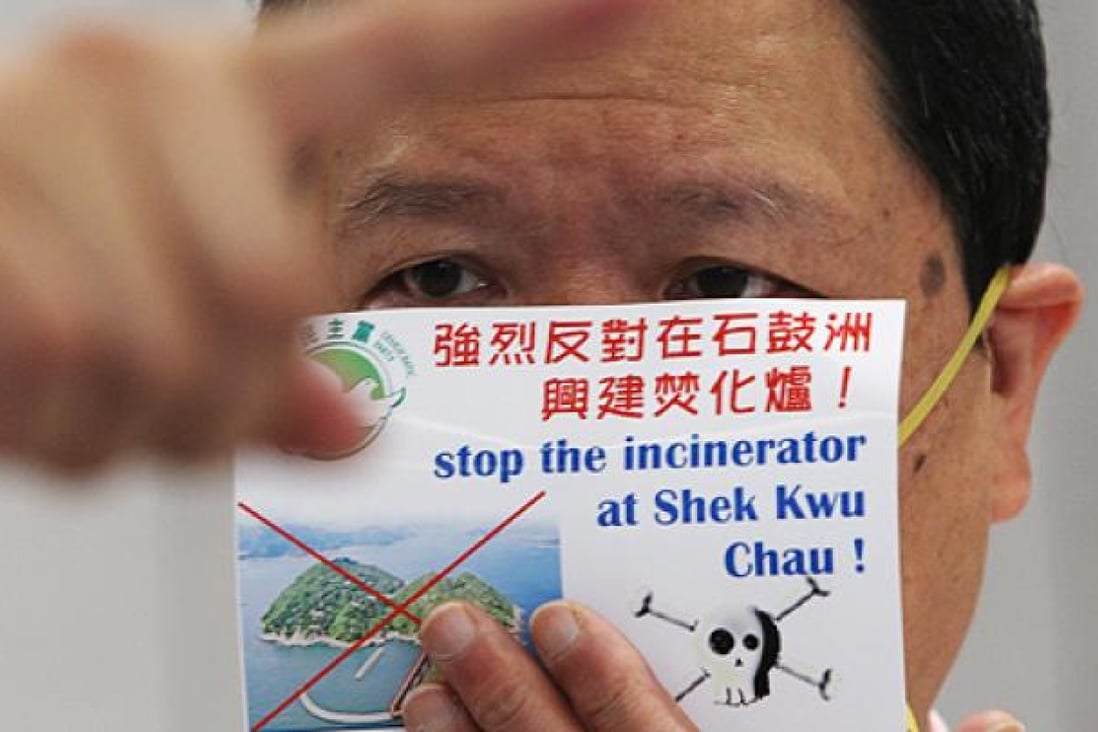 An activist protests against plans for a massive incinerator at Shek Kwu Chau, an island south of Lantau, in April. Photo: David Wong
