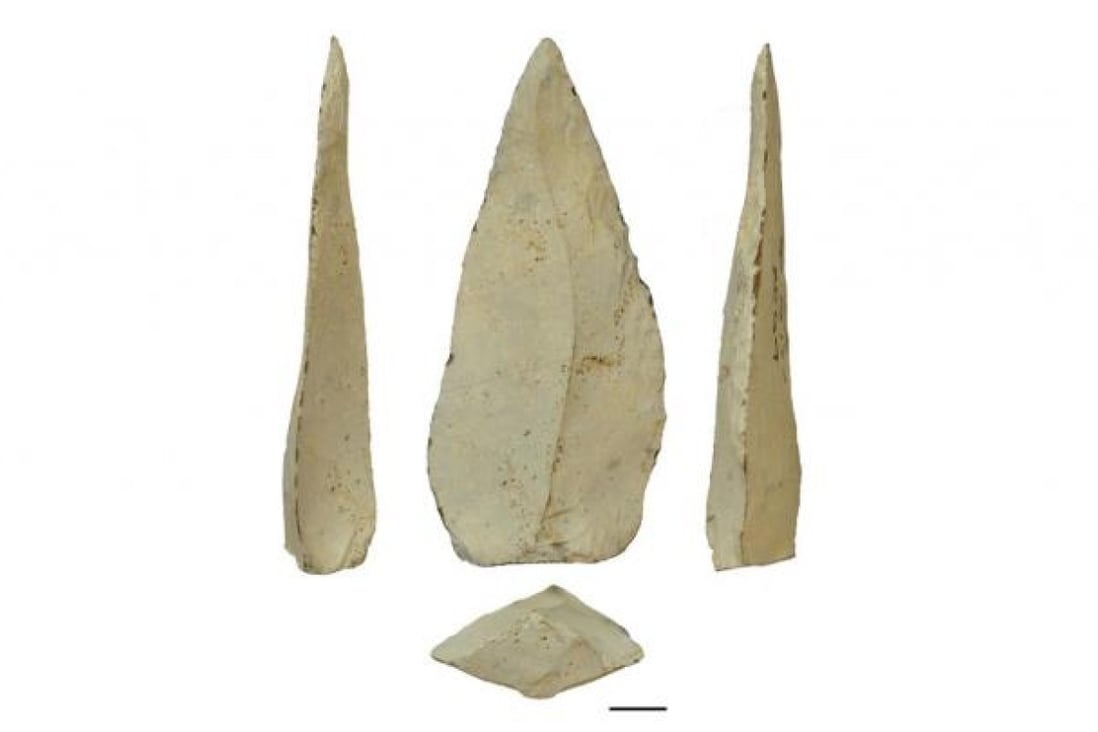 A 500,000-year-old spear point from different angles. Photo: AP