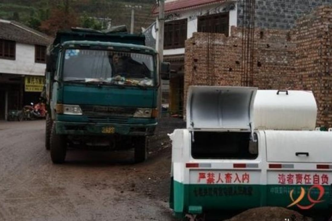 Refuse bins in Guizhou showing the new local government warning. Picture: SCMP Photos